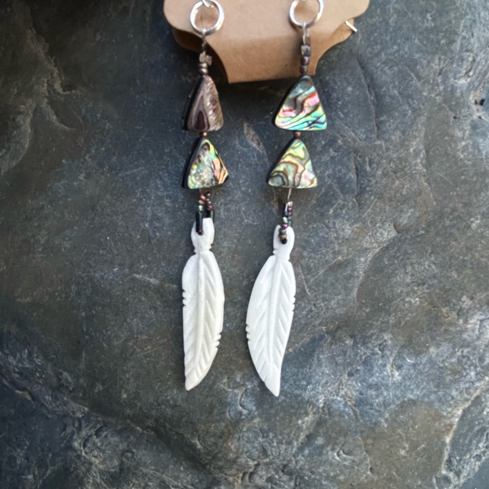 Chic Abalone and bone-carved Feather Earrings with 925 silver hooks